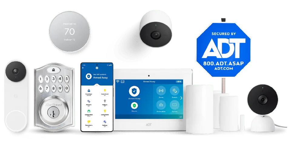 ADT-monitored security equipment bundle with cameras, keypad, mobile app, control panel and yard sign