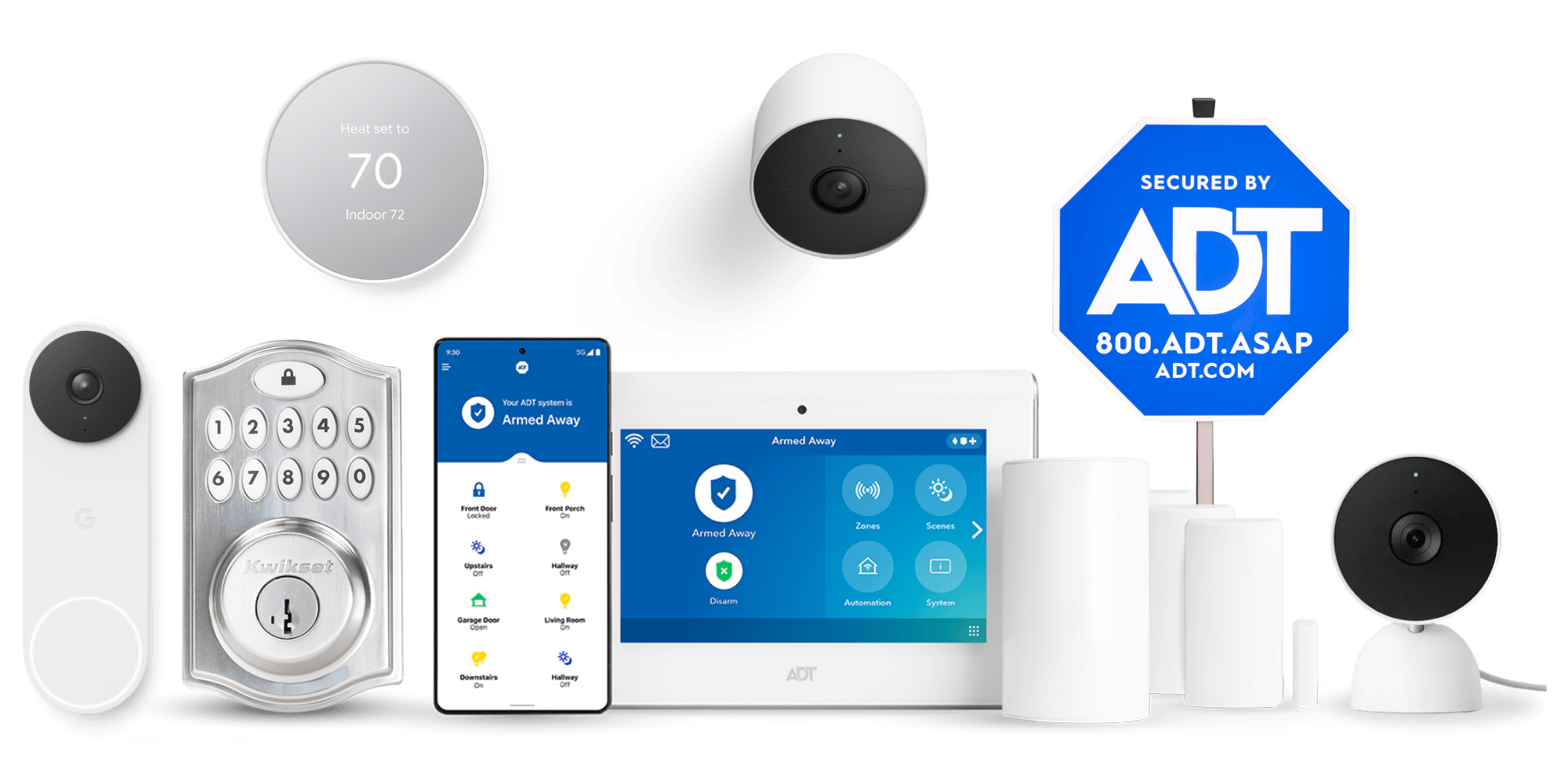 ADT-monitored security equipment bundle with cameras, keypad, mobile app, control panel and yard sign